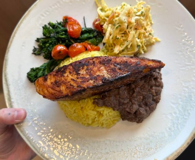 Blackened Salmon with Saffron Rice, Black Beans, and Roasted Vegetables