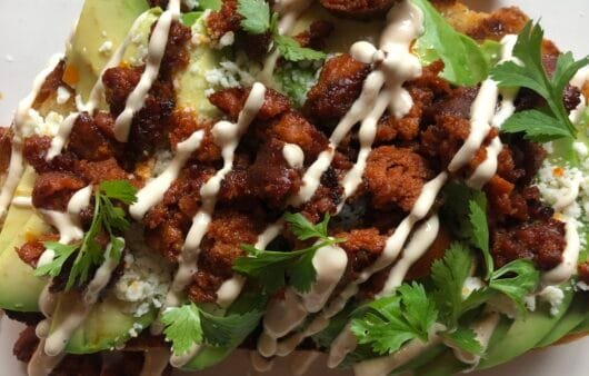 Gluten-Free Avocado Chorizo Toast with Dairy-Free Crema