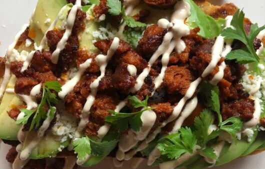 Gluten-Free Avocado Chorizo Toast with Dairy-Free Crema
