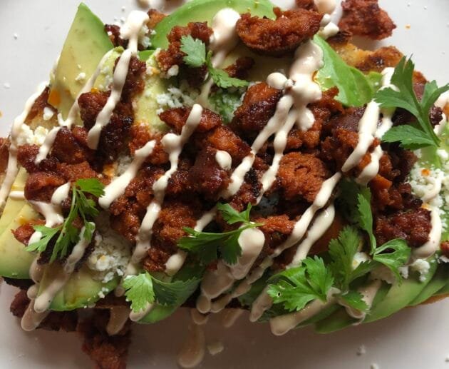Gluten-Free Avocado Chorizo Toast with Dairy-Free Crema