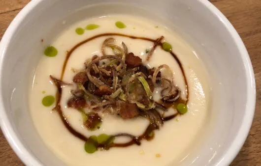 Creamy Dairy-Free Cauliflower Soup with Crispy Shallots and Bacon
