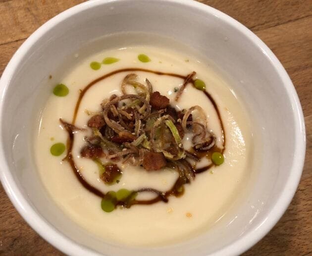 Creamy Dairy-Free Cauliflower Soup with Crispy Shallots and Bacon