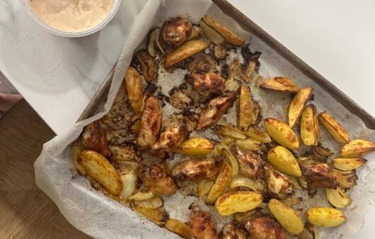Crispy Oven-Roasted Chicken Wings and Potatoes with Spicy Dairy-Free Aioli