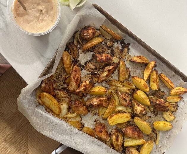 Crispy Oven-Roasted Chicken Wings and Potatoes with Spicy Dairy-Free Aioli
