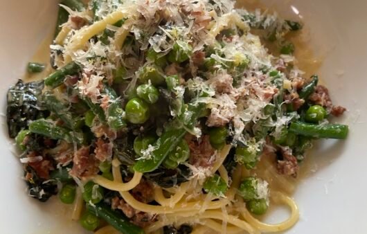 Creamy Gluten-Free Pasta Primavera with Dairy-Free Parmesan