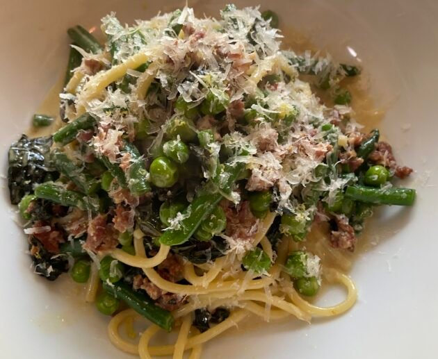 Creamy Gluten-Free Pasta Primavera with Dairy-Free Parmesan