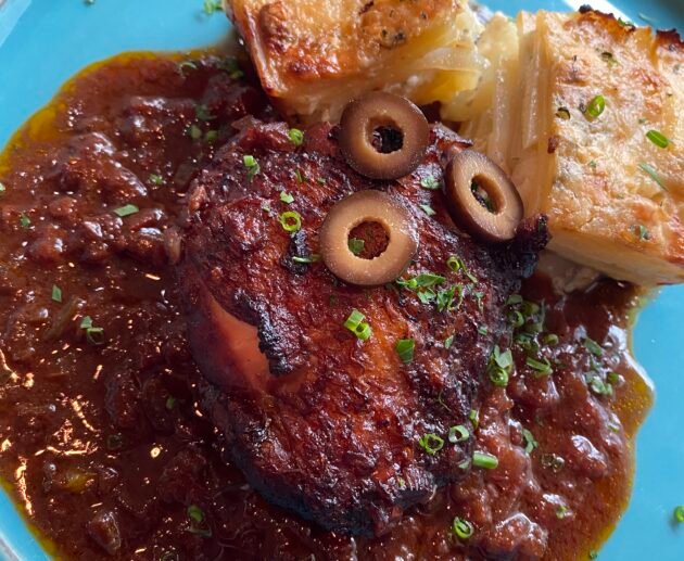 Braised Mediterranean Chicken with Potato Gratin