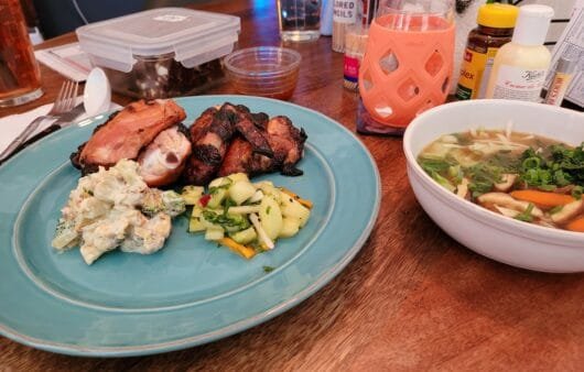 BBQ Chicken Plate with Potato Salad, Cucumber Slaw & Veggie Soup