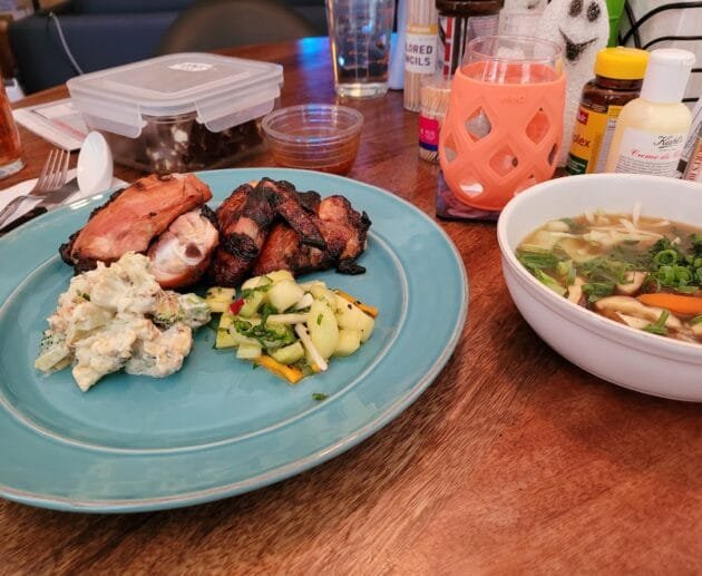 BBQ Chicken Plate with Potato Salad, Cucumber Slaw & Veggie Soup
