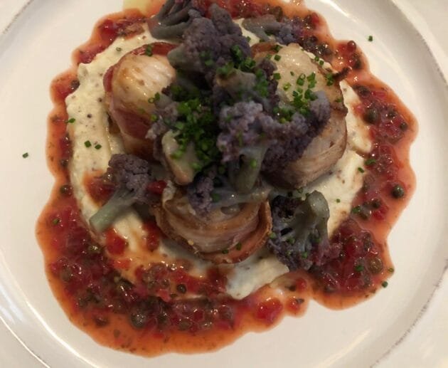 Prosciutto-Wrapped Scallops with Purple Cauliflower & Roasted Red Pepper Vinaigrette