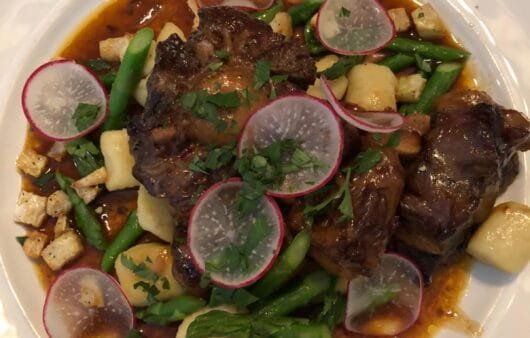 Braised Short Ribs with Spring Vegetables & Radish Garnish