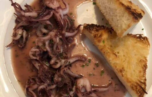 Baby Squid in Red Wine Garlic Sauce with Toasted Gluten-Free Bread