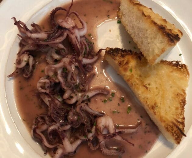 Baby Squid in Red Wine Garlic Sauce with Toasted Gluten-Free Bread