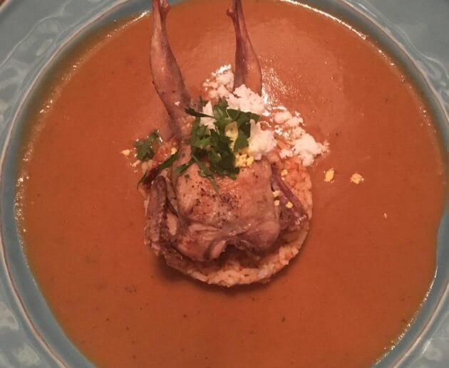 Roasted Quail with Tomato Rice and Smoky Guajillo Broth