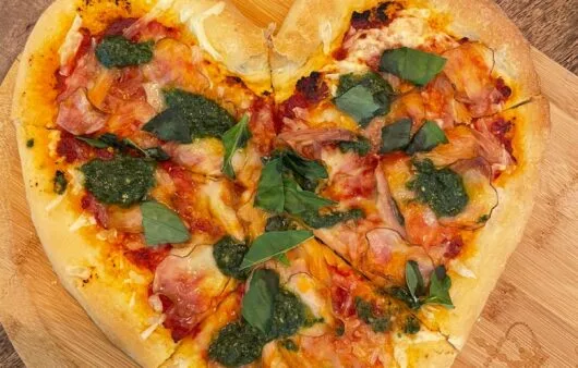 Gluten-Free Heart-Shaped Pizza with Basil Pesto & Veggies