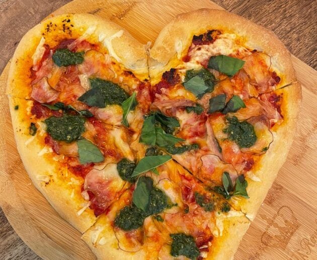 Gluten-Free Heart-Shaped Pizza with Basil Pesto & Veggies