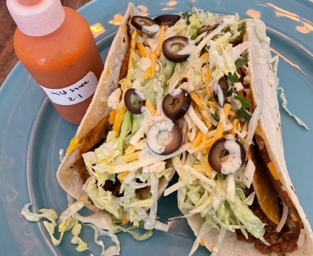 Loaded Plant-Based Tacos with Creamy Dressing & Mild Sauce