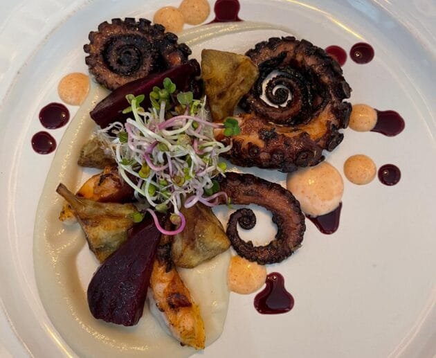Grilled Octopus with Cauliflower Purée, Roasted Beets & Microgreens