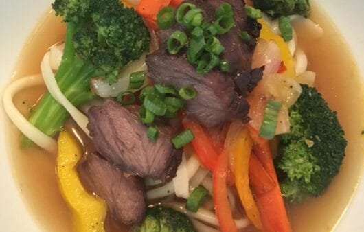 Gluten-Free Beef Noodle Soup with Stir-Fried Vegetables