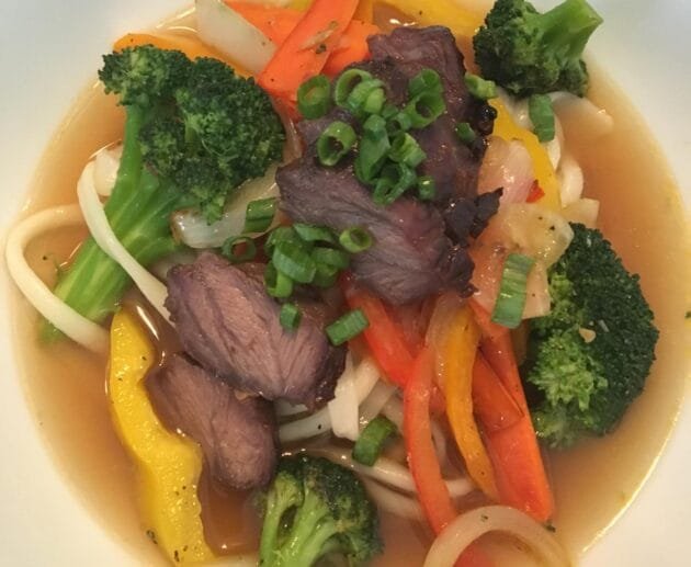 Gluten-Free Beef Noodle Soup with Stir-Fried Vegetables