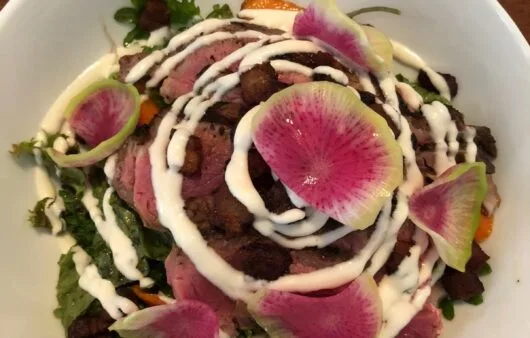 Rainbow Radish & Steak Salad with Coconut-Lime Drizzle