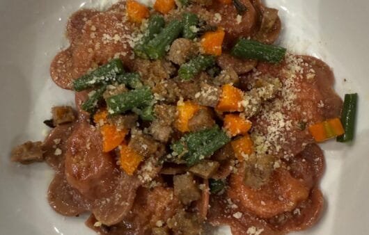 Beetroot Flower Ravioli with Garlic Veggie Crumble