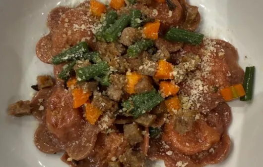 Beetroot Flower Ravioli with Garlic Veggie Crumble