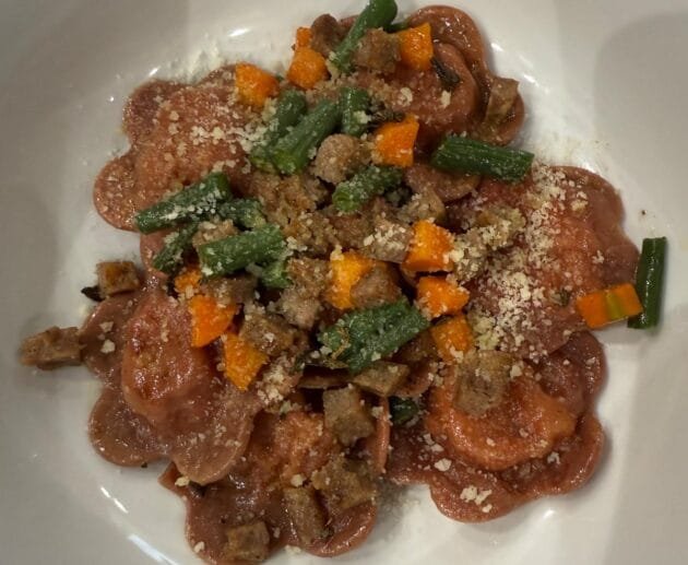 Beetroot Flower Ravioli with Garlic Veggie Crumble