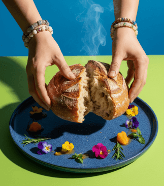 Hands breaking a warm gluten-free loaf over a blue plate with edible flowers.