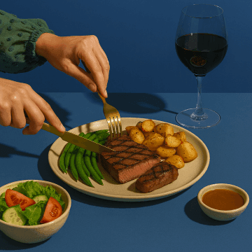 Hand cutting into grilled steak with golden cutlery, served with roasted potatoes, green beans, salad, and red wine on a vibrant blue background.